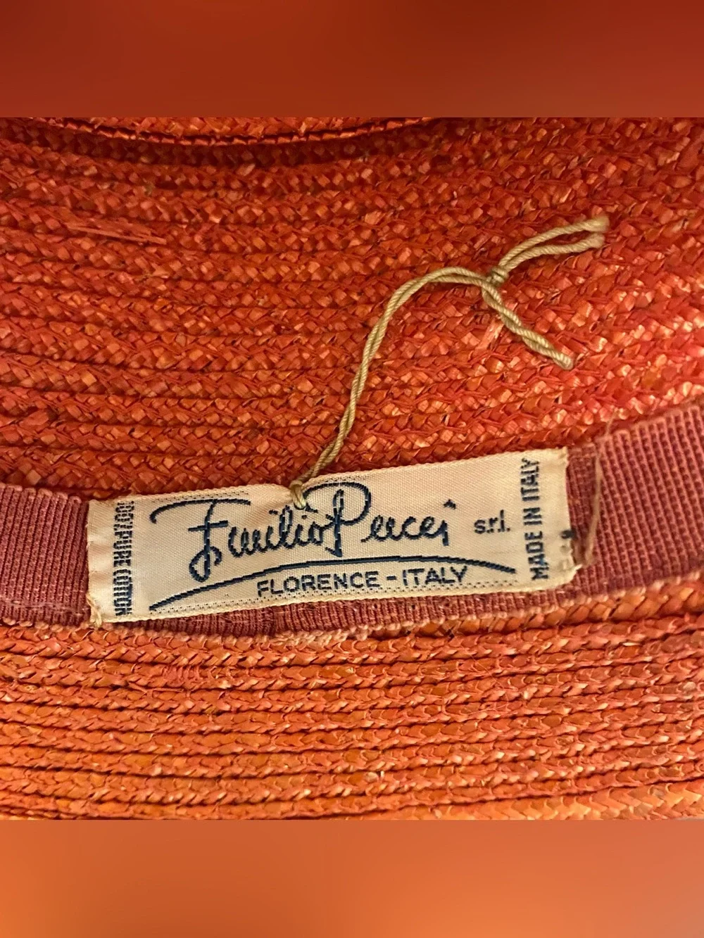 Vintage 1970s Pucci Straw Boater Sun Hat Logo Peach Orange Pastel Flat Top XS